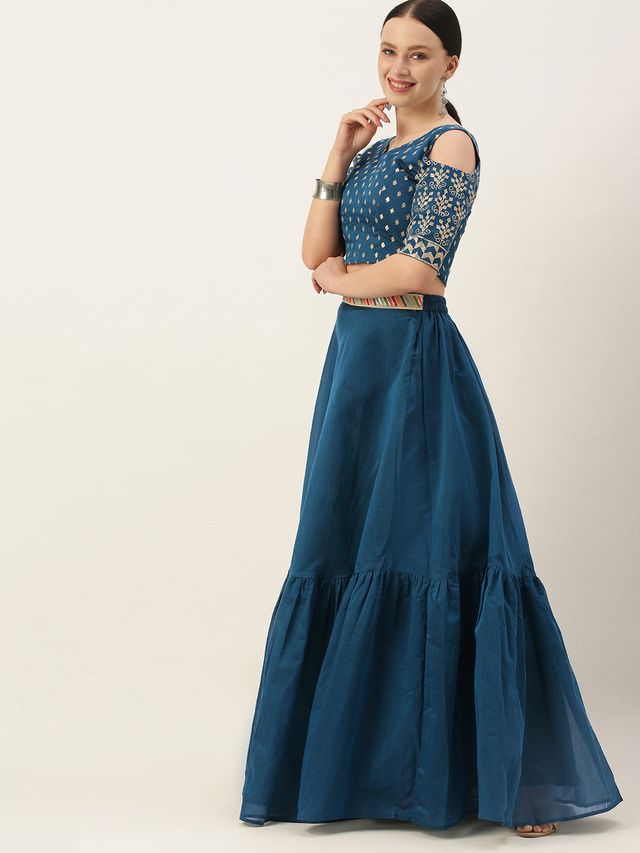 Bollywood Vogue Ready To Wear Blue Chanderi Embroidered Blouse N Blue Skirt