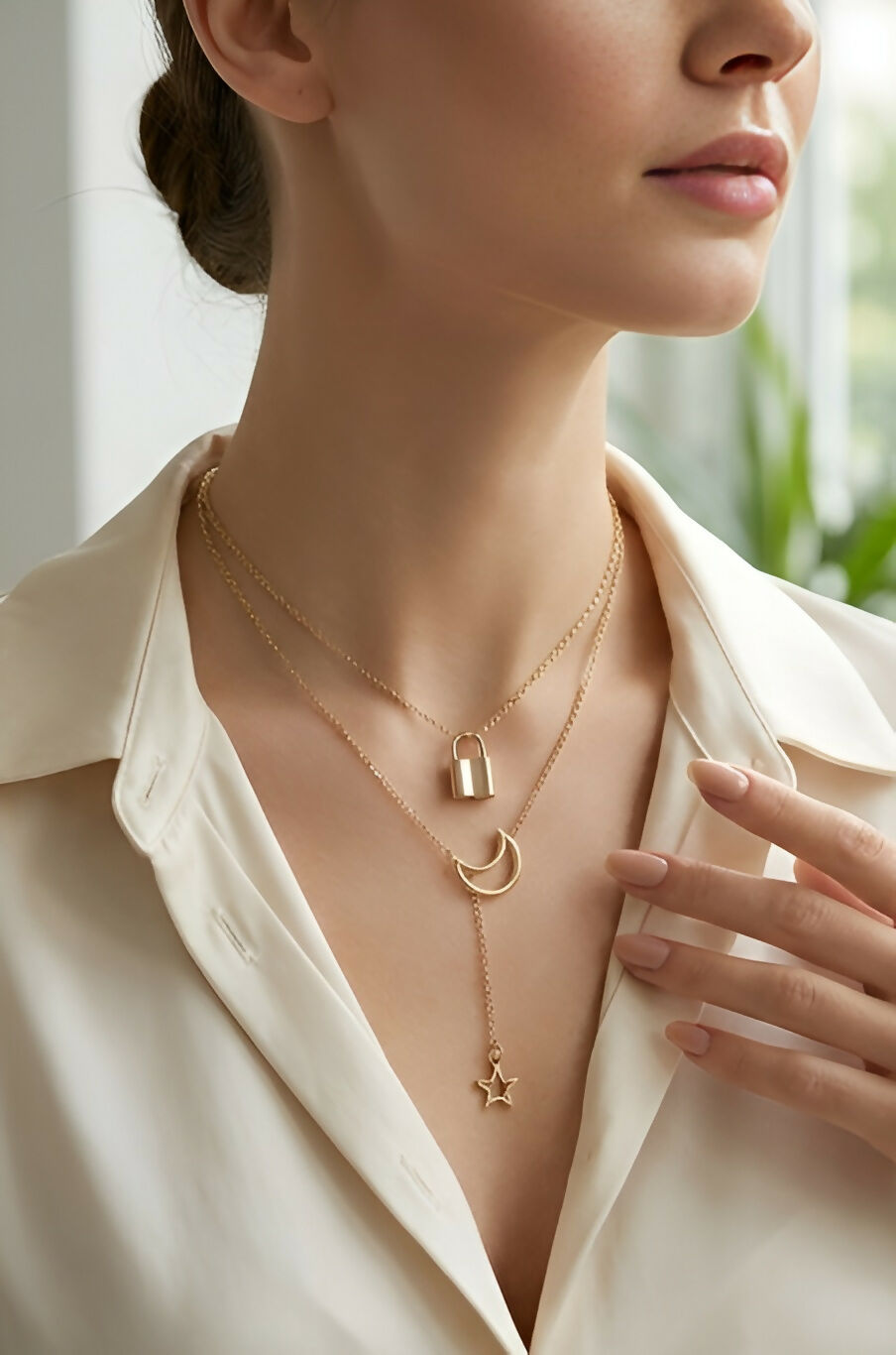 Elegant Padlock & Crescent Moon Necklace Set (2 Pieces)