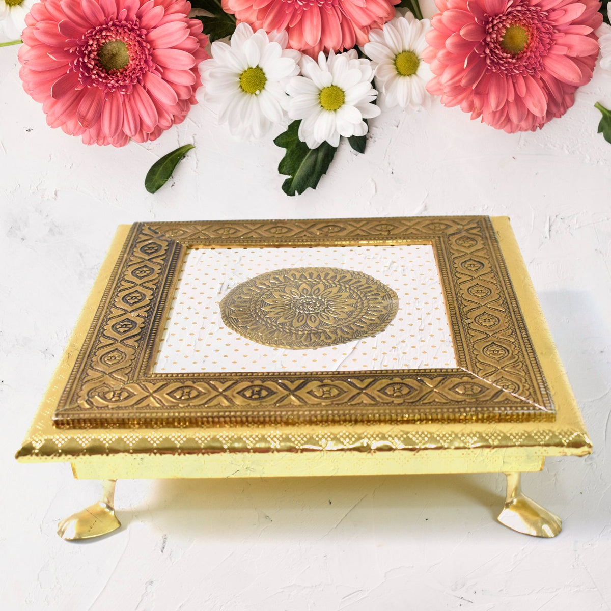 Golden - Square Pooja Chowki Patla Bajot (20x20 Cm 1 Pc) HP DD