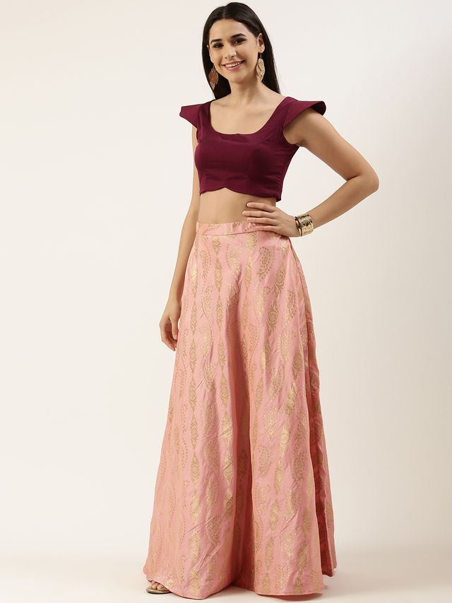 Bollywood Vogue Ready To Wear Pink Taffeta Jacquard Skirt and Blouse