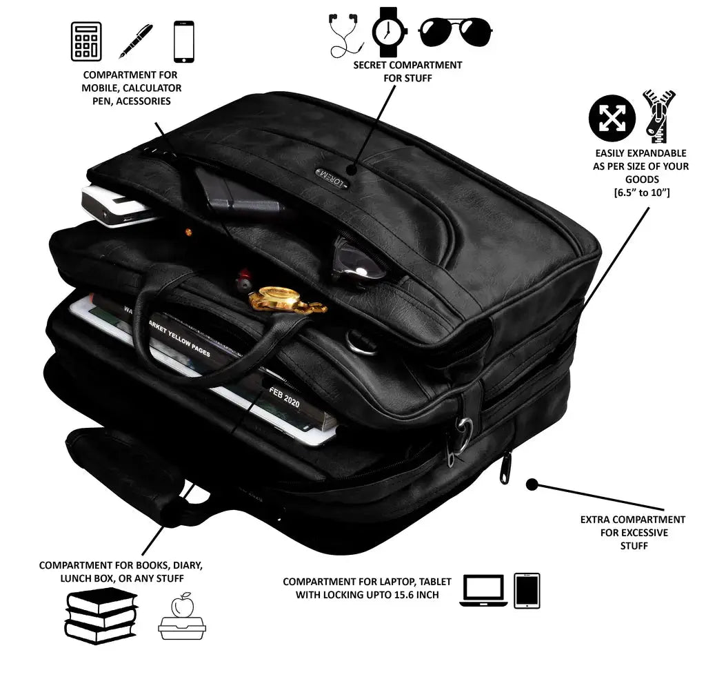 LOREM Black Color Faux Leather 28L Messenger Bag For Men (BG22) LOREM