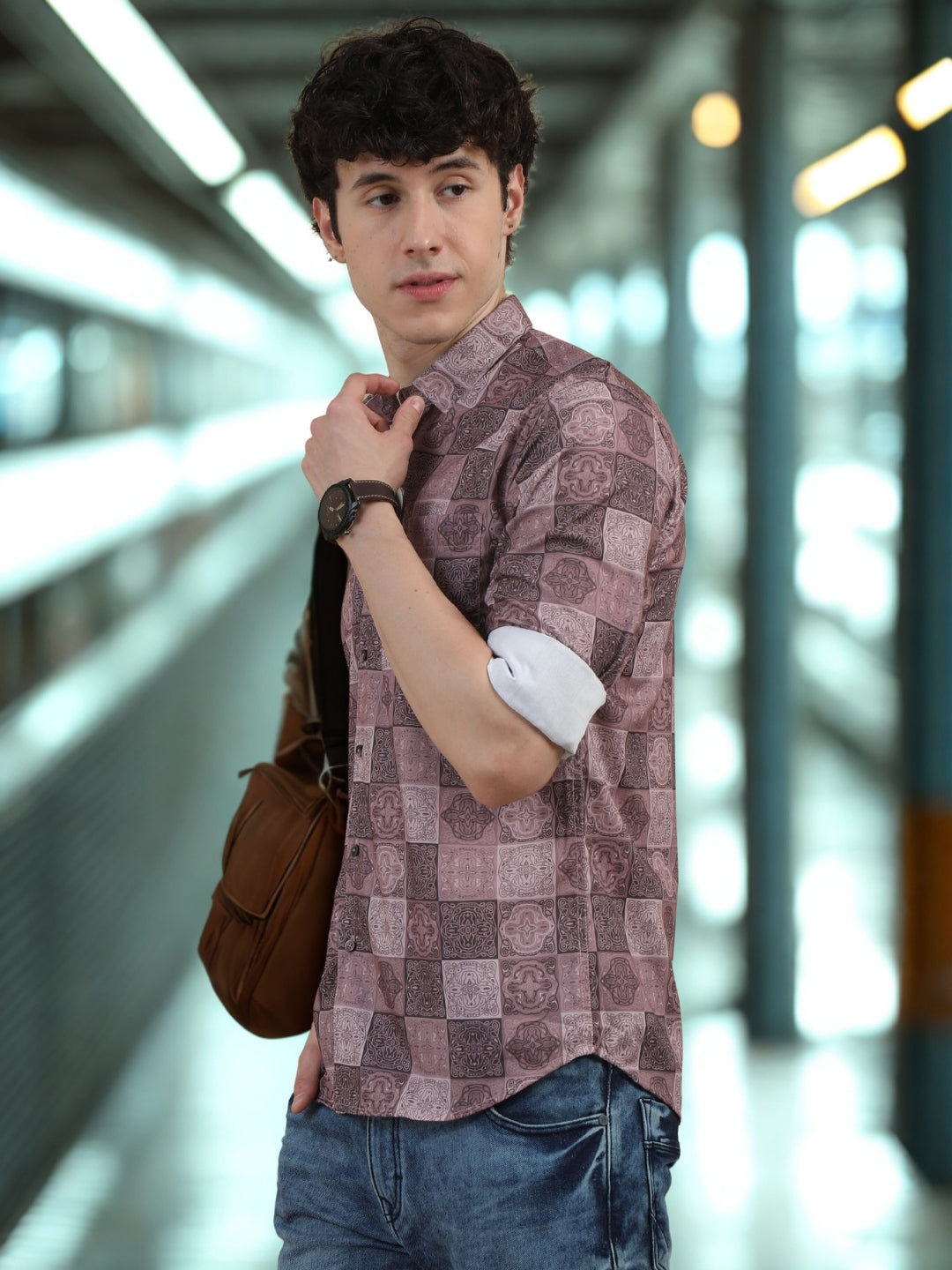 Men Dark Brown Slim Fit Printed Full Sleeve Casual Shirt Cool Colors