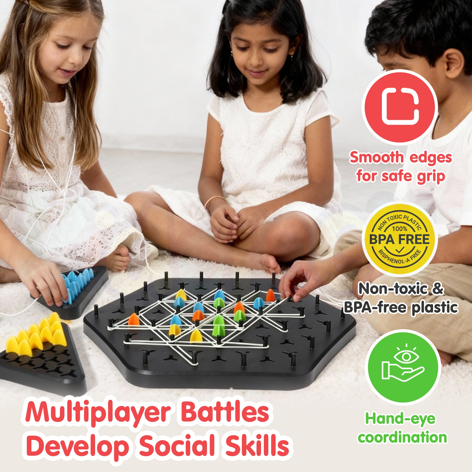 Kidology Chain Triangle Chess Game Triggle Rubber Band Game for Kids & Adults, Fun Family Board Game, Brain Teaser Puzzle, Interactive Chess Set for 2-4 Players, Multicolour