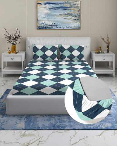 Rome Collection Cotton 220 TC Fitted Queen Bedsheet with 2 Pillow Covers - Blue