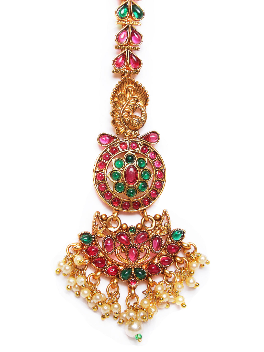Gold Plated Red & Green Kemp Studded & Pearl Beaded Peacock Maangtikka