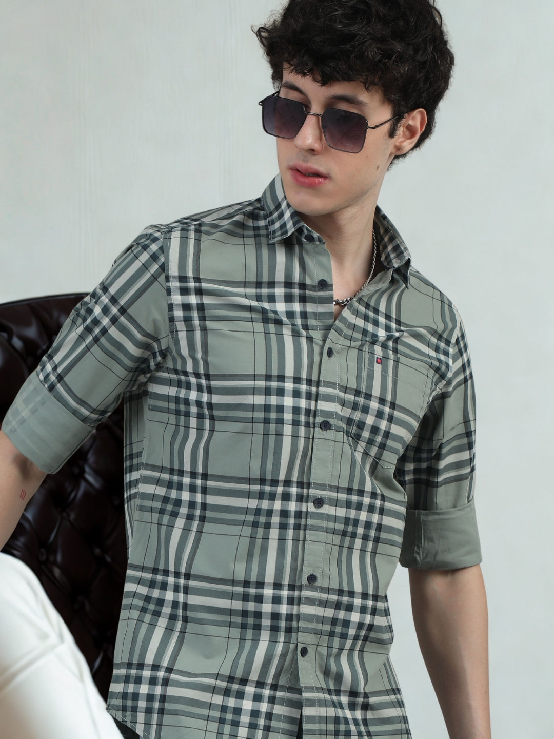 Men Light Green Slim Fit Checks Full Sleeve Casual Shirt Cool Colors