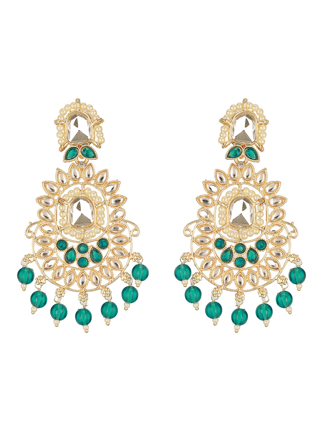 Gold Plated Green &White Kundan Studded & Beaded Drop Earrings