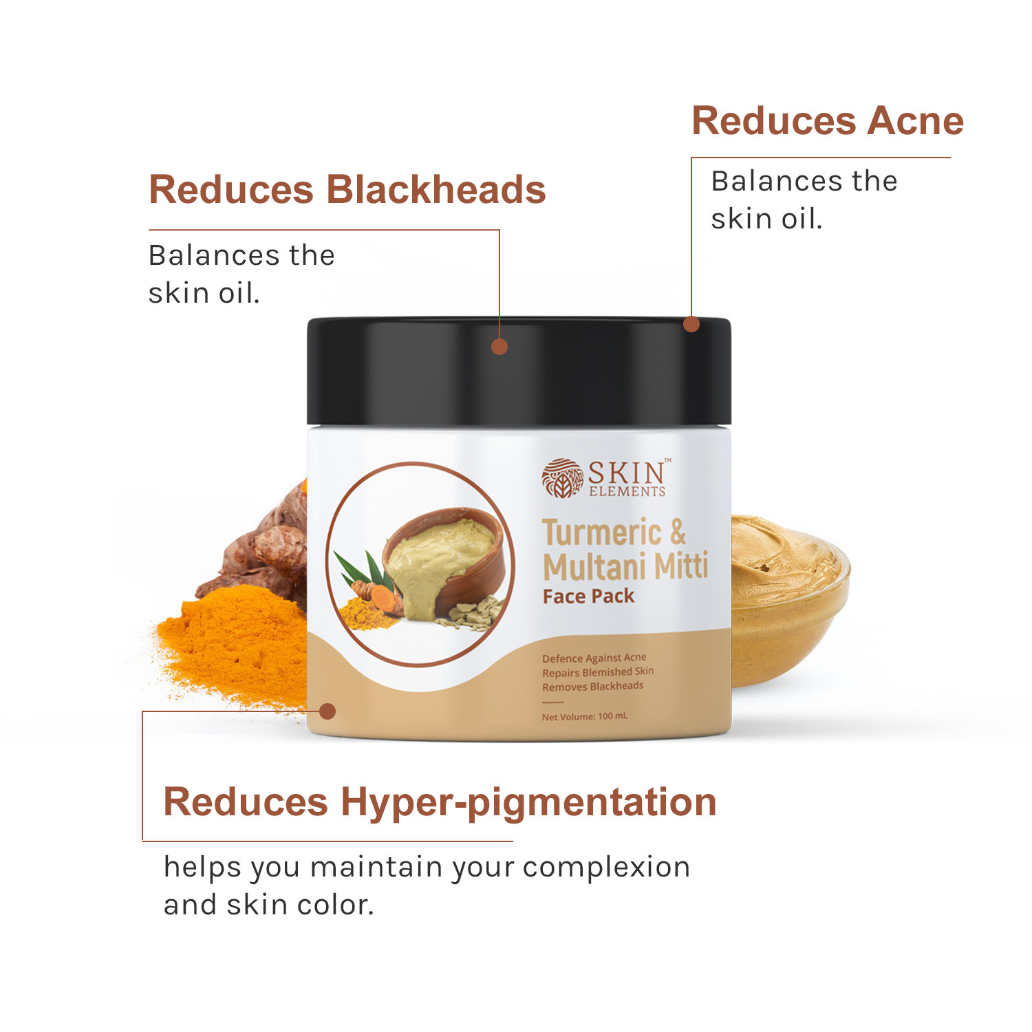 Skin Elements Turmeric (Haldi) & Multani Mitti Face Mask Pack | Ubtan Face Pack | Acne & Blackheads removal