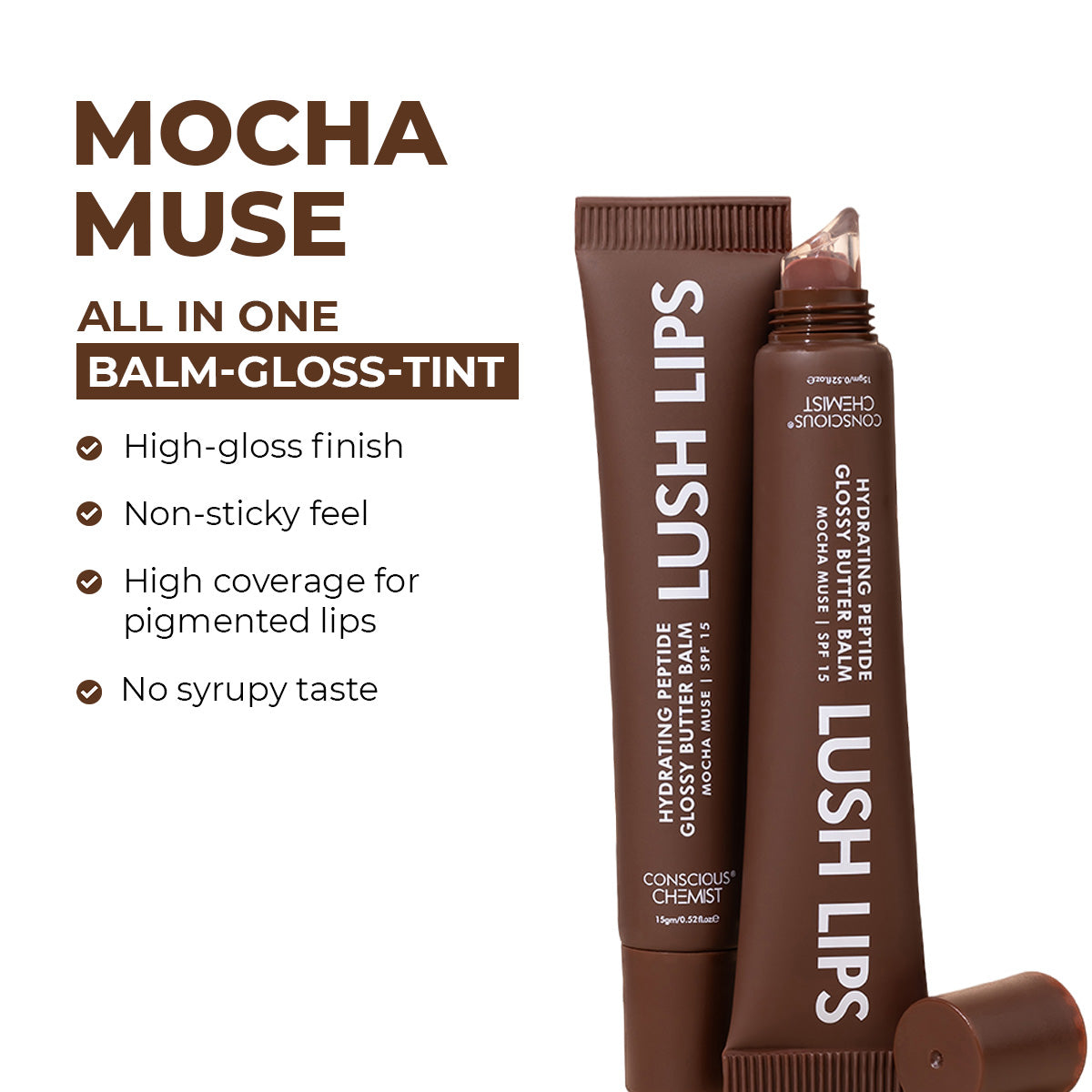 Conscious Chemist Peptide Lip Balm SPF15 | Nourishing Lip Treatment | Mocha Muse (Pack of 1, 15 g)