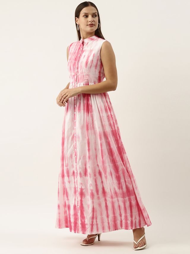 Bollywood Vogue Ready To Wear Pink Tie N Dye Gathered Flare Dress