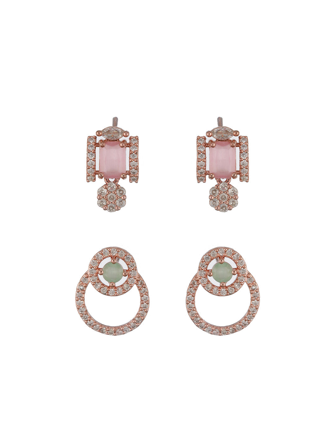 Jazz And Sizzle Set of 2 Rose Gold-Plated Pink AD & Mint Green Stone Studded Earrings