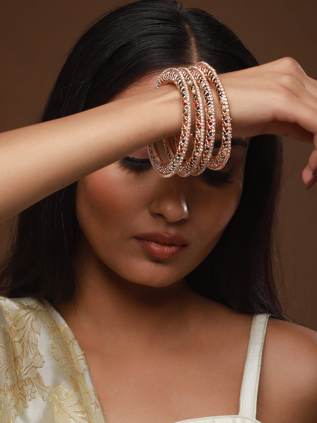 Set Of 4 Rose Gold Plated Stone-Studded Crystal-Beaded Bangles