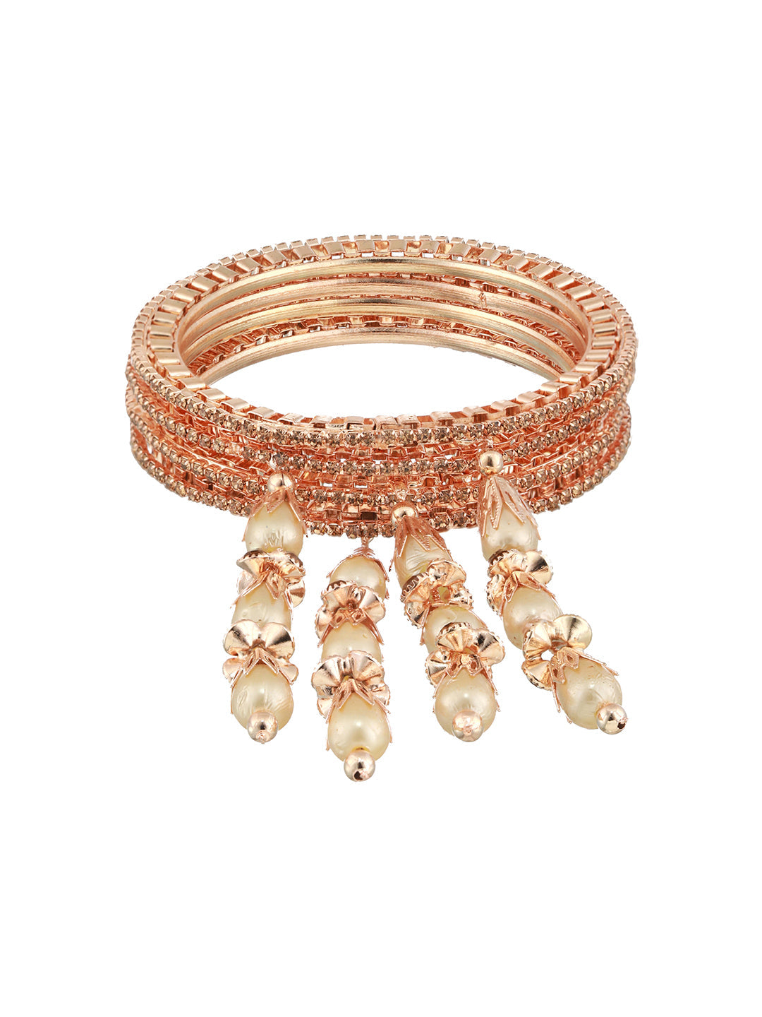 Set Of 4 Rose Gold-Plated Crystal Studded & Beaded Bangles