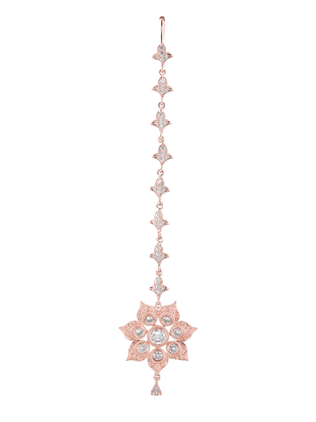 Rose Gold-Plated White Ad-Studded Handcrafted Floral Maang Tikka