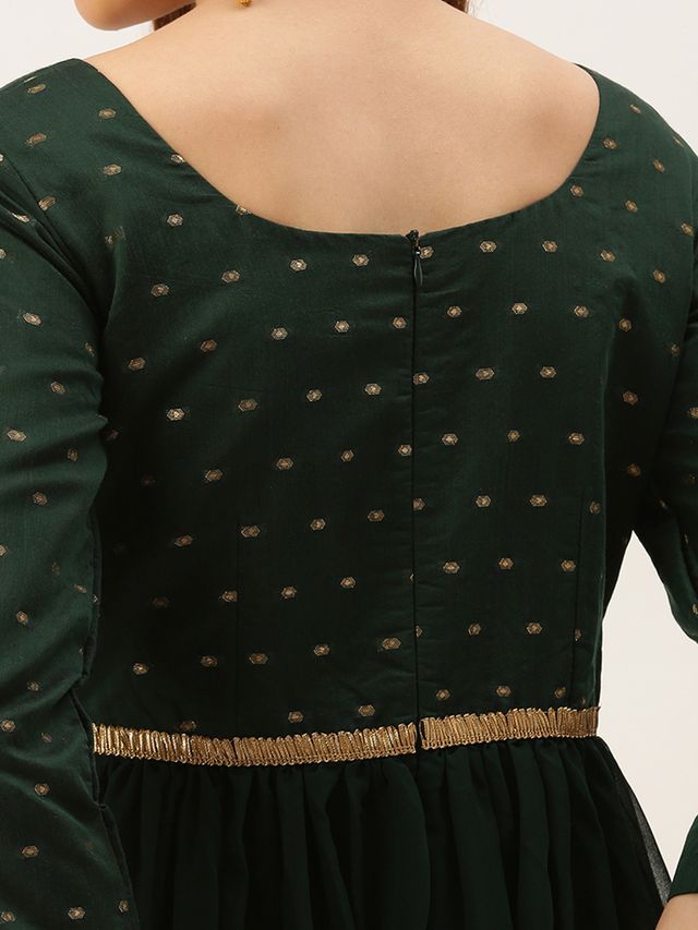 Bollywood Vogue Ready To Wear Teal Green Cotton Jacquard N Georgette Dress