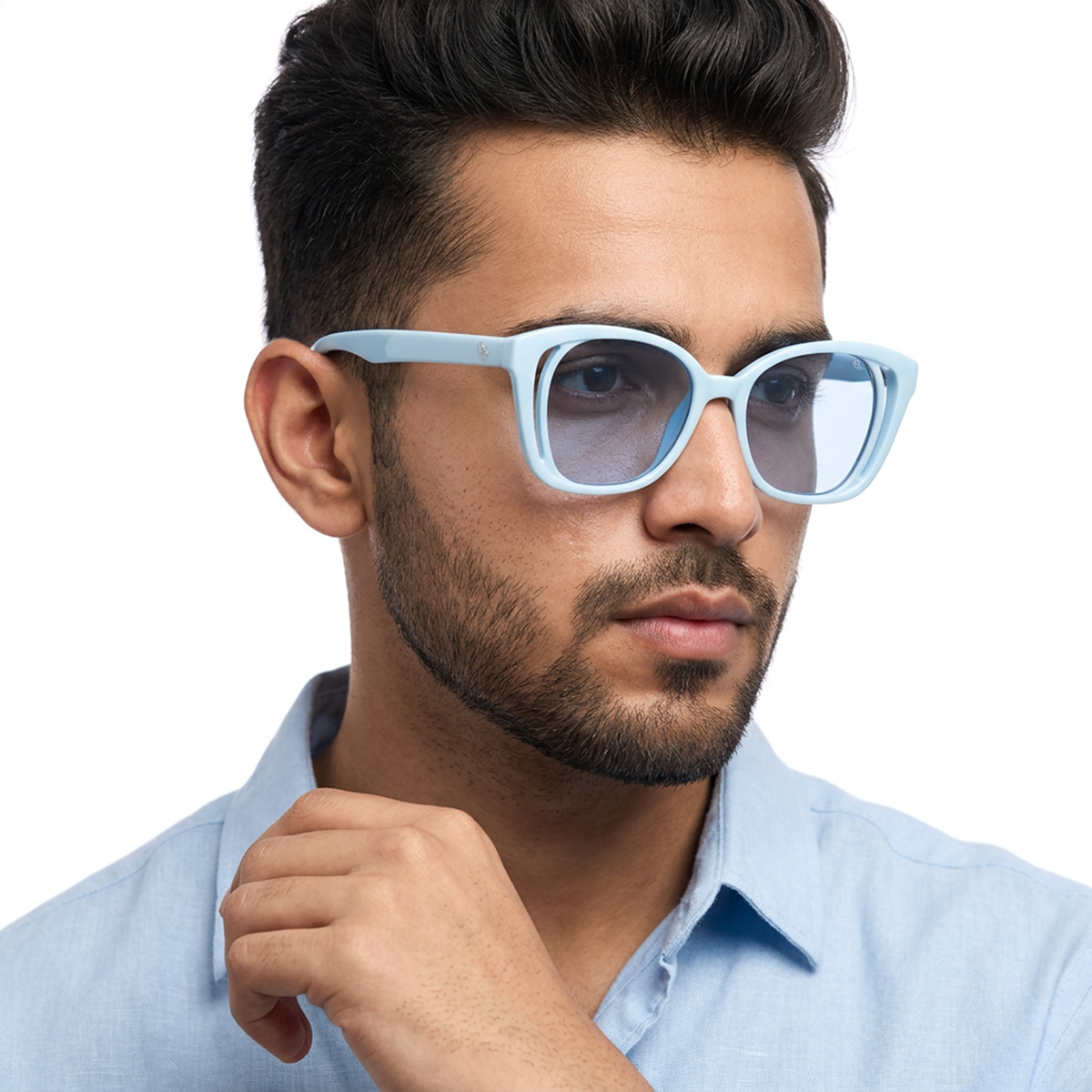 Eyejack Sky Blue Round Sunglasses for Men and Women - worn by a male model (image 3)
