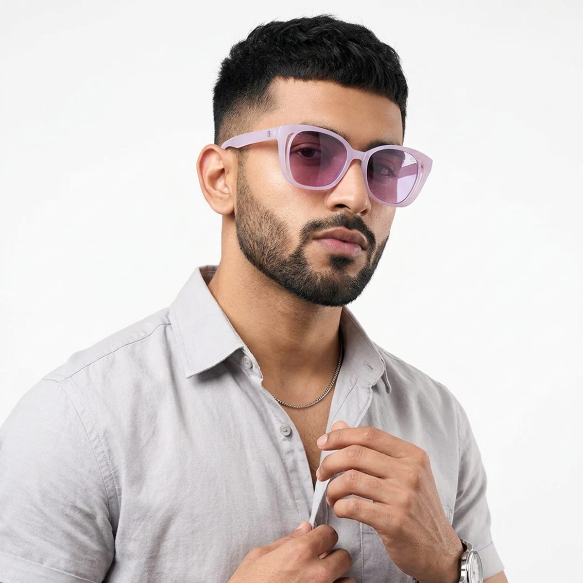 Eyejack Purple Round Sunglasses for Men and Women - worn by a male model (image 3)