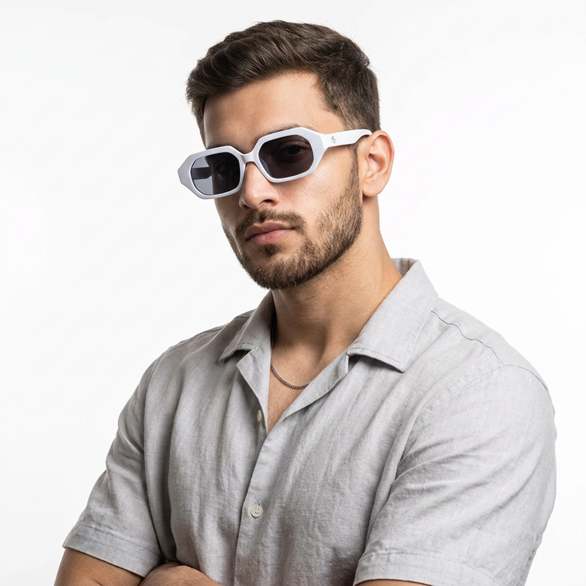 Eyejack White Square Sunglasses for Men and Women - worn by a male model (image 1)