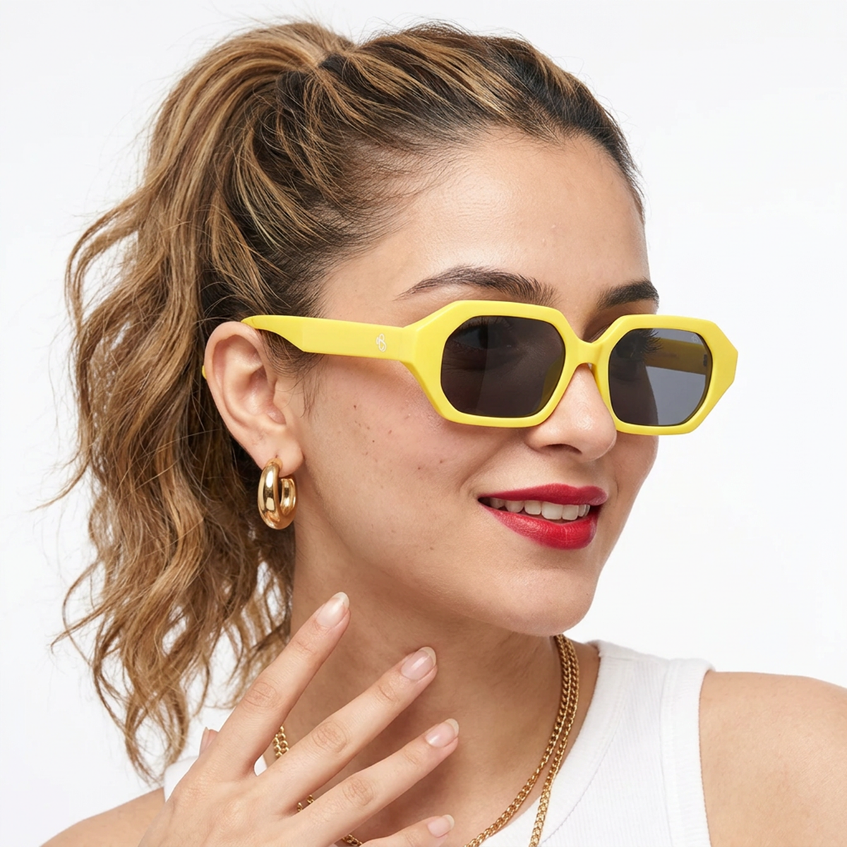 Eyejack Yellow Square Sunglasses for Men and Women - worn by a male model (image 3)