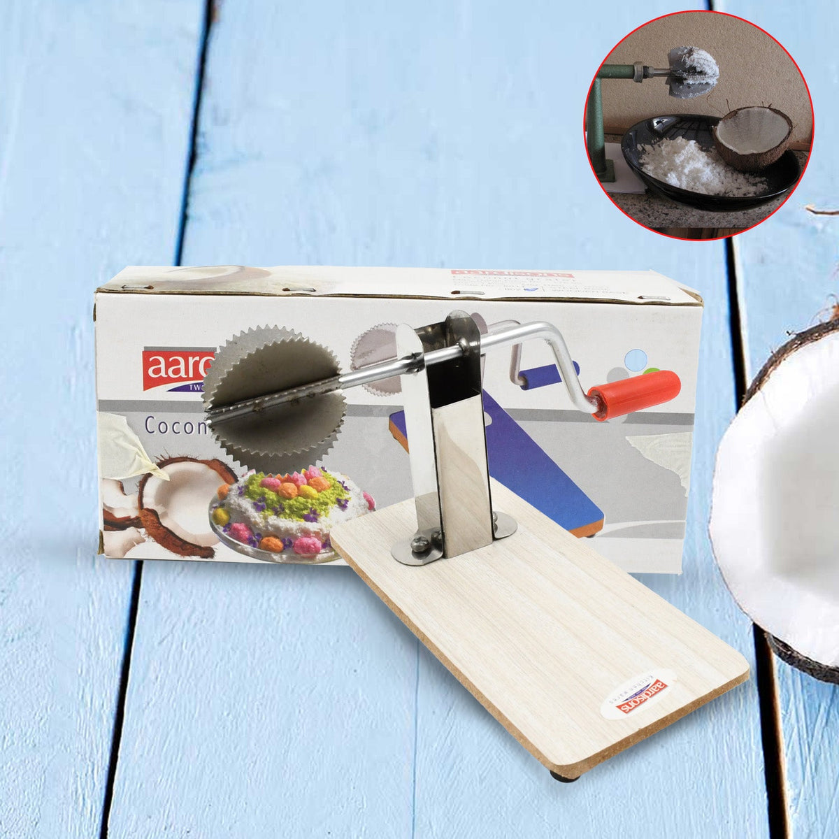 Stainless Steel Coconut Scraper With Wooden Base (1 Pc) HP DD