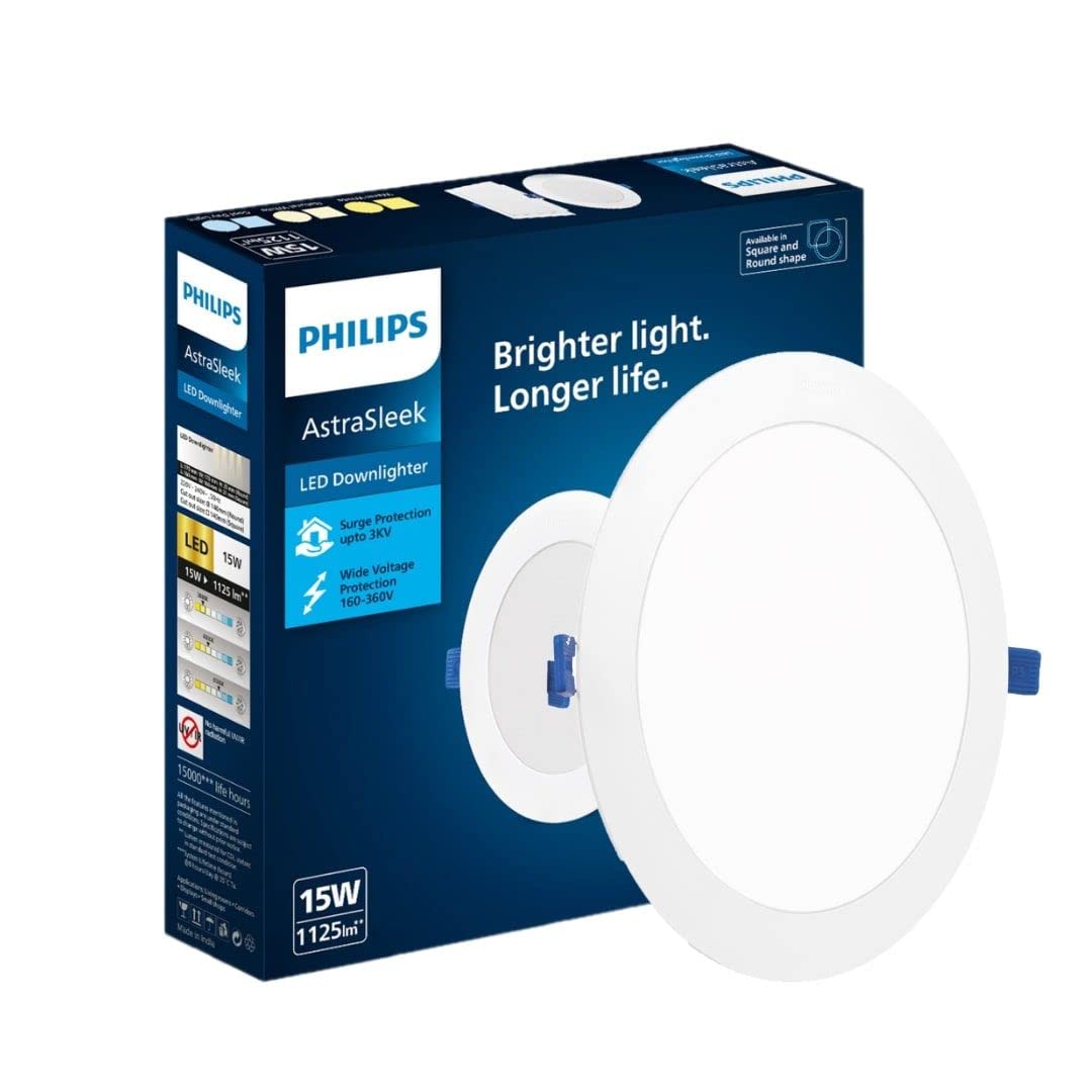 Philips Astra Sleek 15-watt Round LED Downlighter, LED Ceiling Light for Home and Hall, Cut Out: 140 mm, Color: Cool Day Light, Pack of 1-Polycarbonate