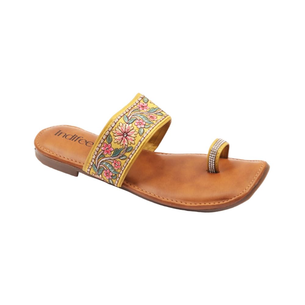 Indifeet Ethnic Toe Ring Flats for Women - Yellow - Size 4