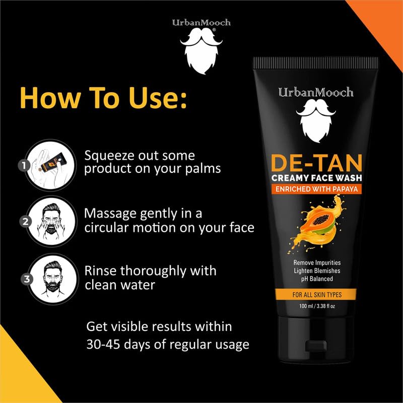 UrbanMooch Tan Removal Face Wash for Men | UrbanMooch DeTan Face Wash with Papaya Extract | Anti-Blemish, Oil-Free Daily Cleanser for Bright & Even Skin | Removes Dirt, Oil & Sun Tan – 100 ml Lohiya Retails