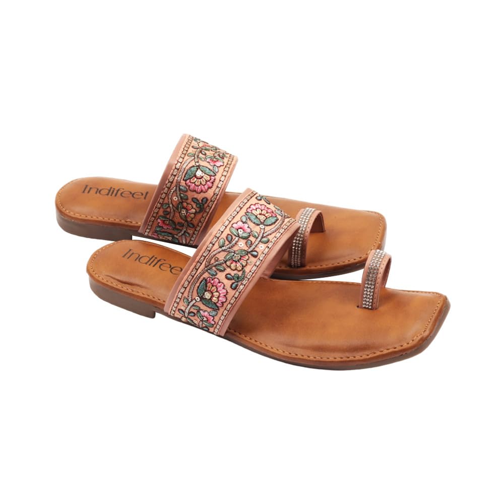 Indifeet Ethnic Toe Ring Flats for Women - Peach - View 5