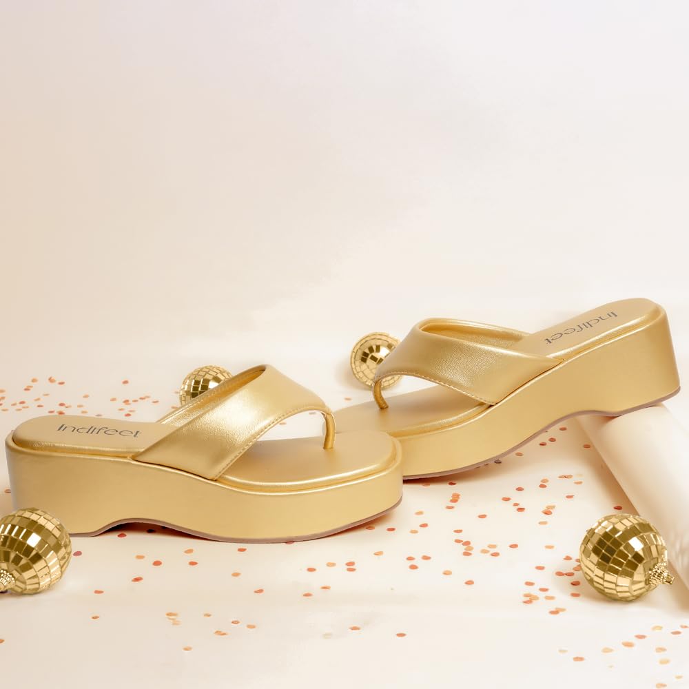 Indifeet Stylish Thong Wedge Sandals for Women - Gold - View 2