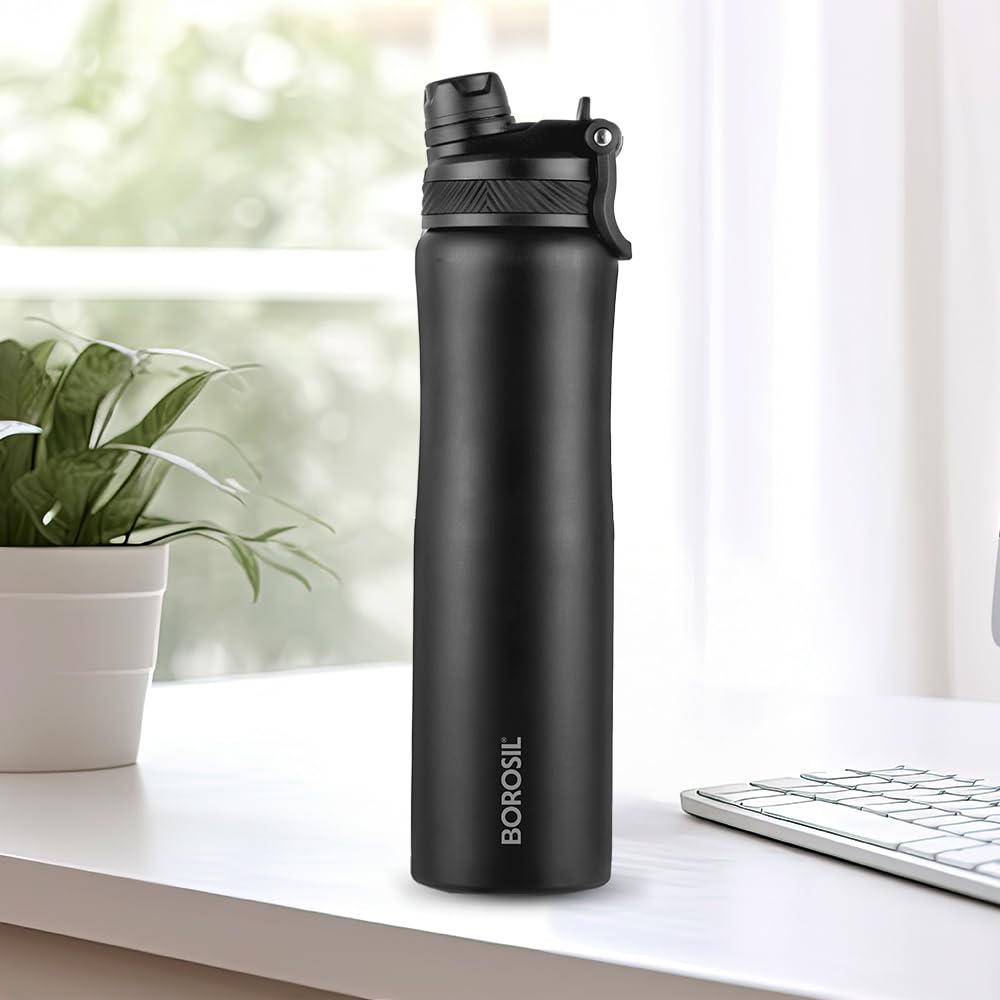 Borosil 800ml Aquasport Stainless Steel Bottle with Straw & Sipper Lid | 10 Hrs Hot & Cold Made in India Double Wall Vacuum Flask | Office, School, Gym & Travel | 1 Year Warranty