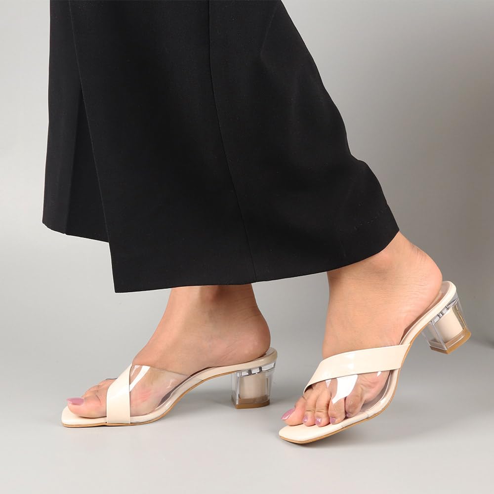 Indifeet Cross Strap Block Heels - Beige - View 3