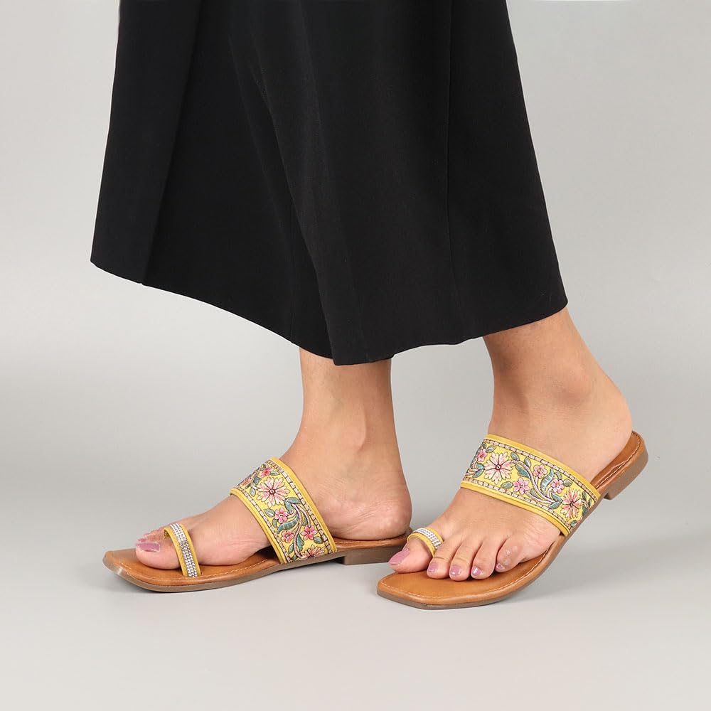 Indifeet Ethnic Toe Ring Flats for Women - Yellow - View 3