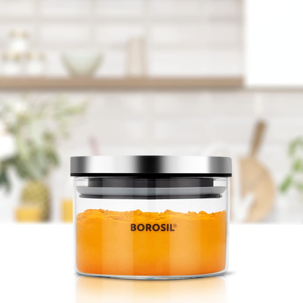 Borosil Classic Glass Jar with Airtight Stainless Steel Lid, Borosilicate Glass Storage Organiser Microwave & Dishwasher Safe Kitchen Containers for Spices, Snacks, Grains, Dals (300 ml)