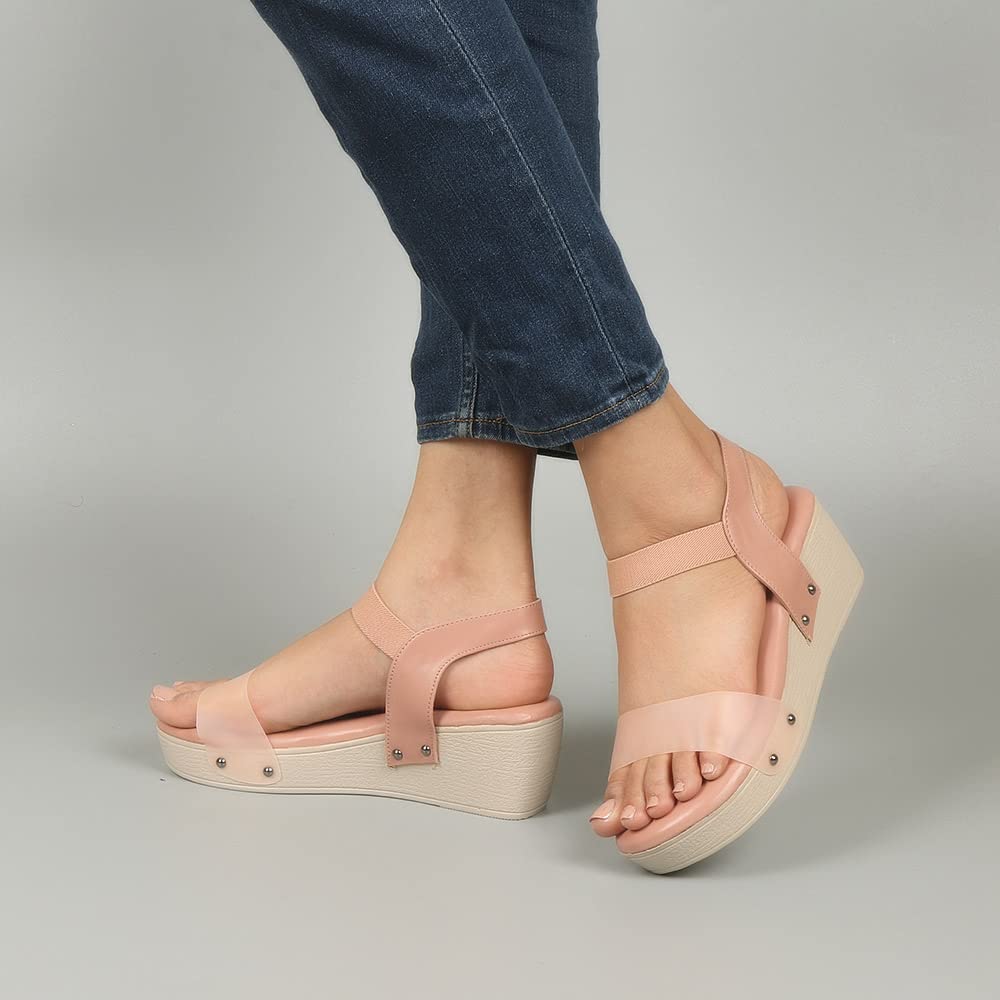 Indifeet Ankle Strap Platform Wedge Heel Sandals - Peach - View 4