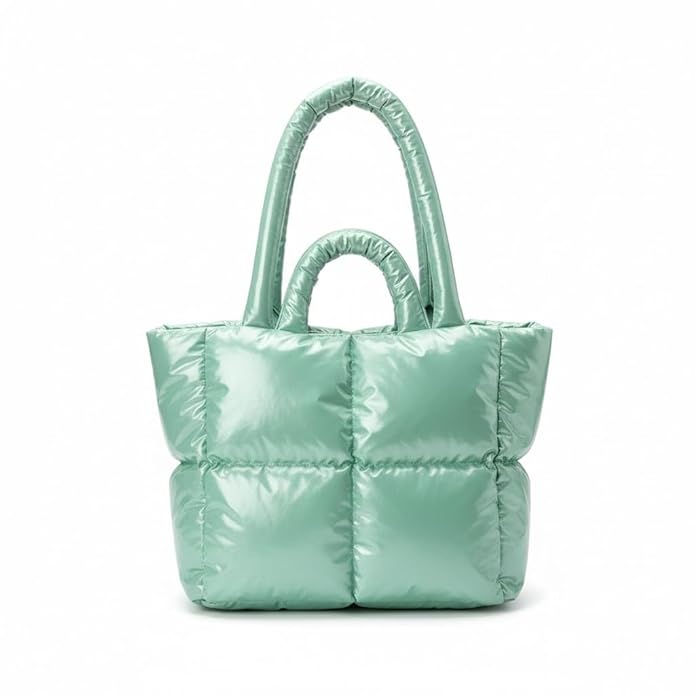Buddy Cares Puffy Tote Bag – Padded Lattice Puffer Shoulder Bag for Women – Mint Green