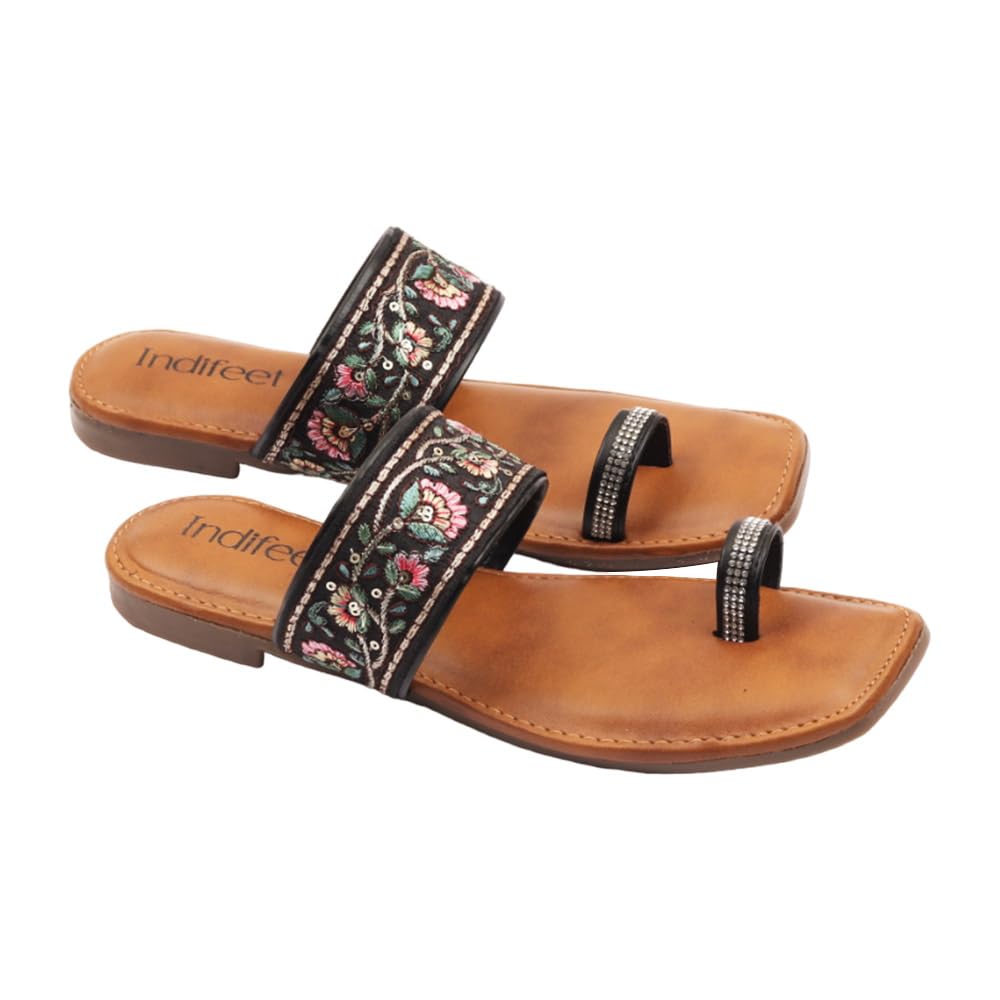 Indifeet Ethnic Toe Ring Flats for Women - Black - View 5