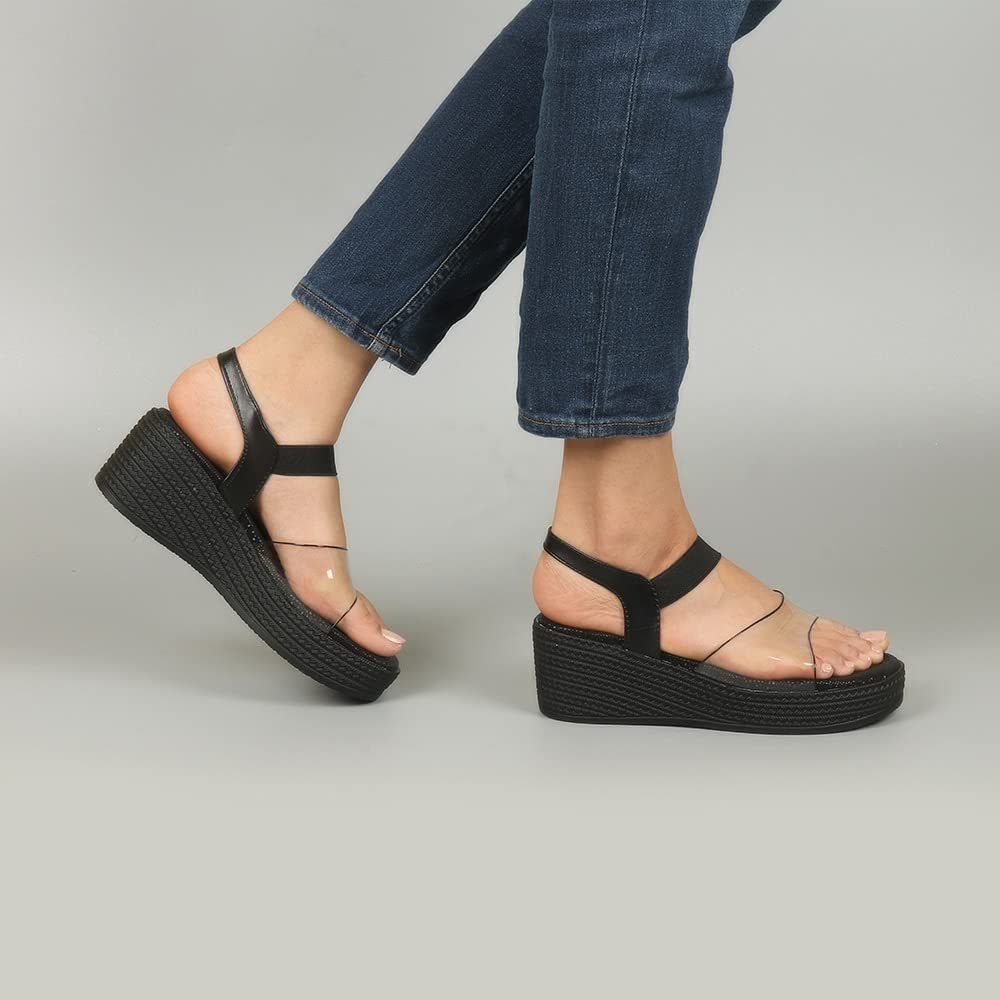 Indifeet Comfortable Platform Wedge Sandals - Black - View 2