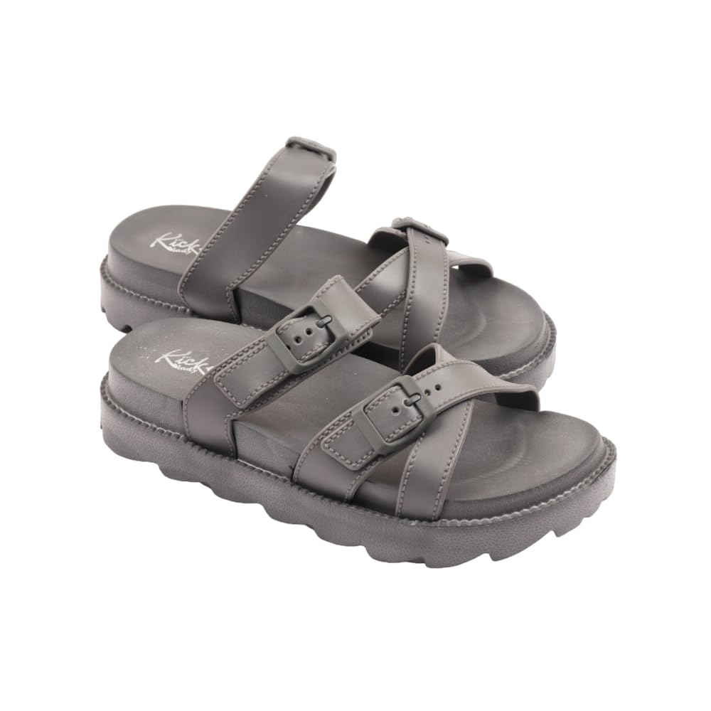 Indifeet Open Toe Buckle Sliders for Women - Grey - Image 16