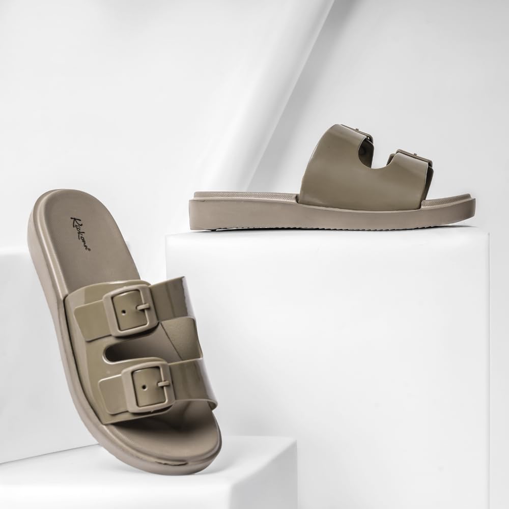 Indifeet Rubber Double Buckle Slides for Women - Brown - Image 3