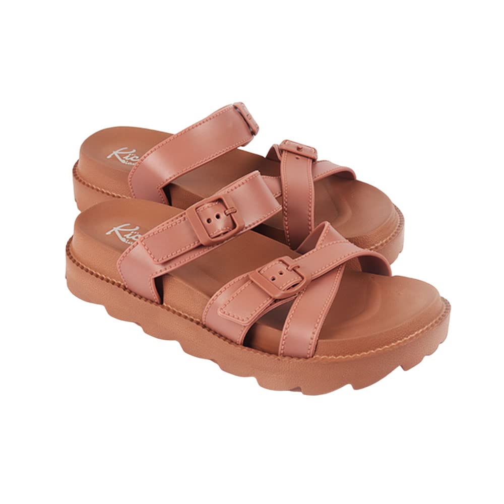 Indifeet Open Toe Buckle Sliders for Women - Pink - Image 27