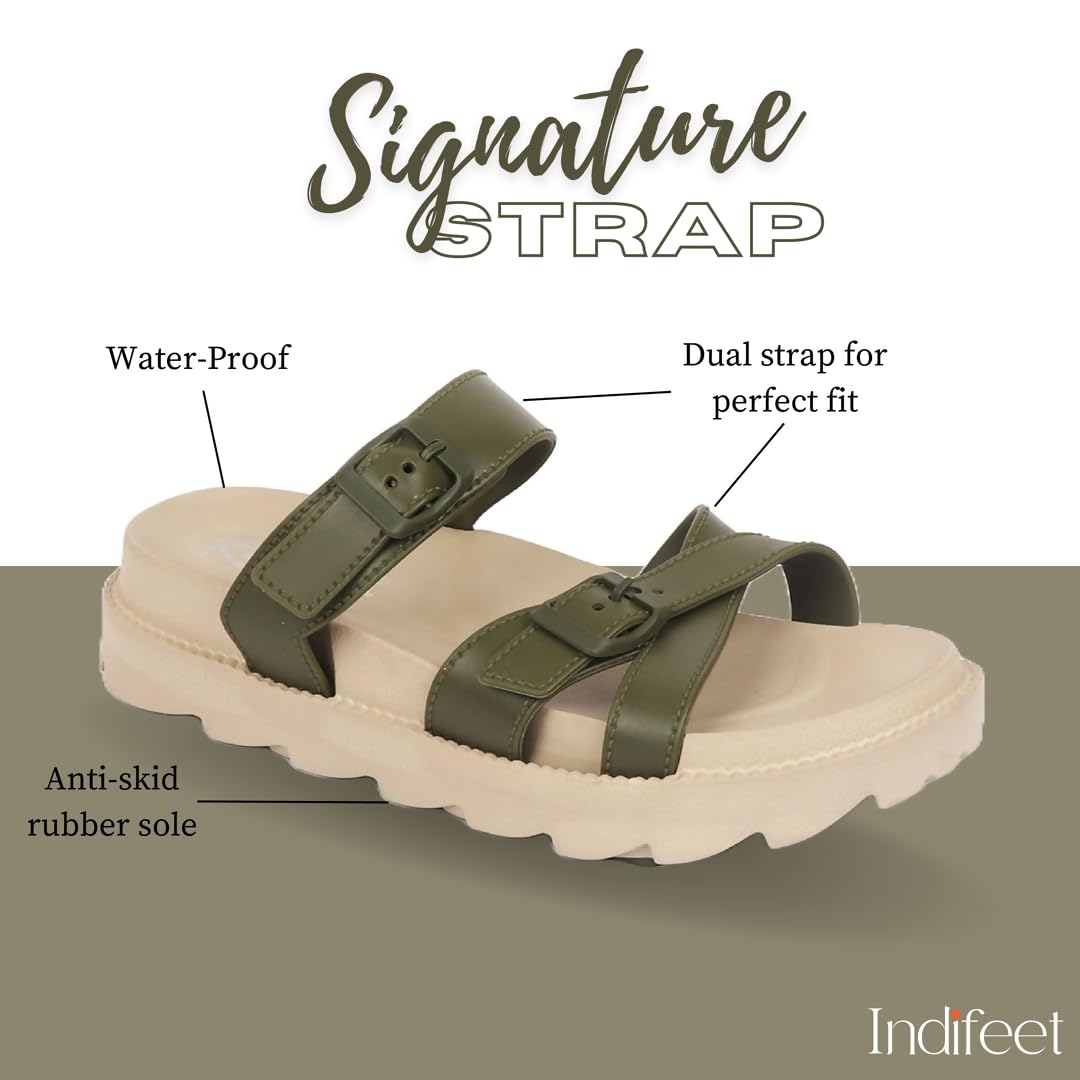 Indifeet Open Toe Buckle Sliders for Women - Green - Image 10