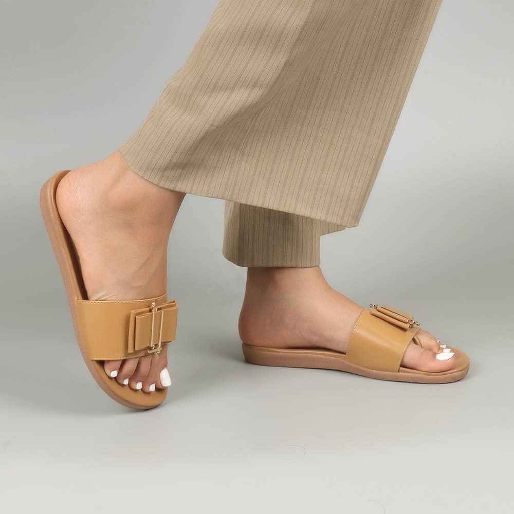 Indifeet Flat Buckle Sliders for Women - Mustard - View 4