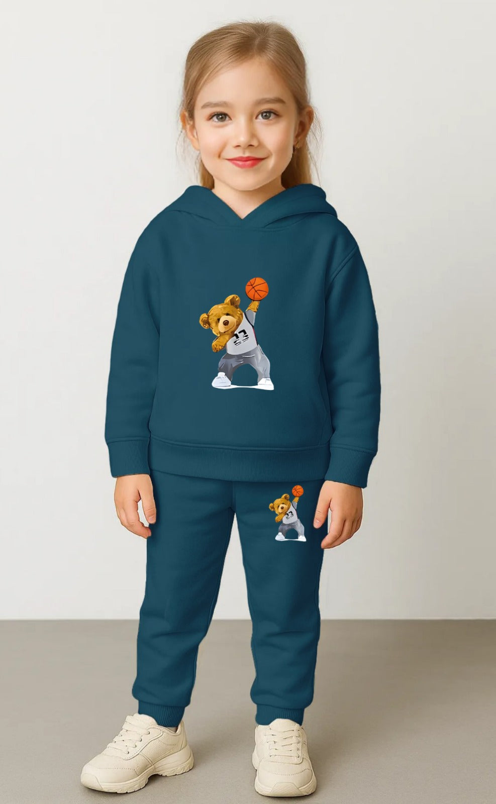 Girls' Blue Cotton Hoodie & Jogger Set – Stylish Printed Sportswear Luck Fashion