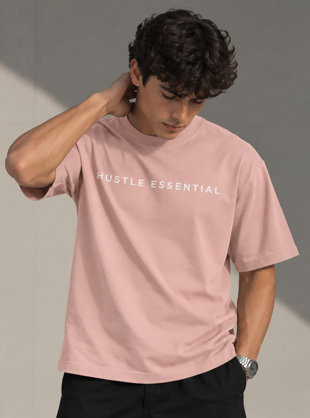 HUSTLE Men's Crew Neck Oversized Tees - Pink