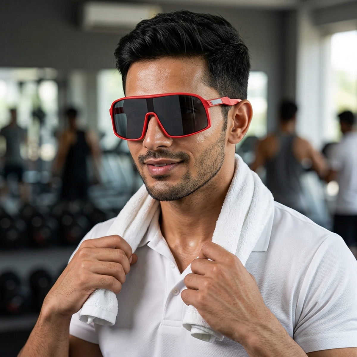 Eyejack Red Wrap Around Sunglasses for Men and Women - worn by a male model (image 1)
