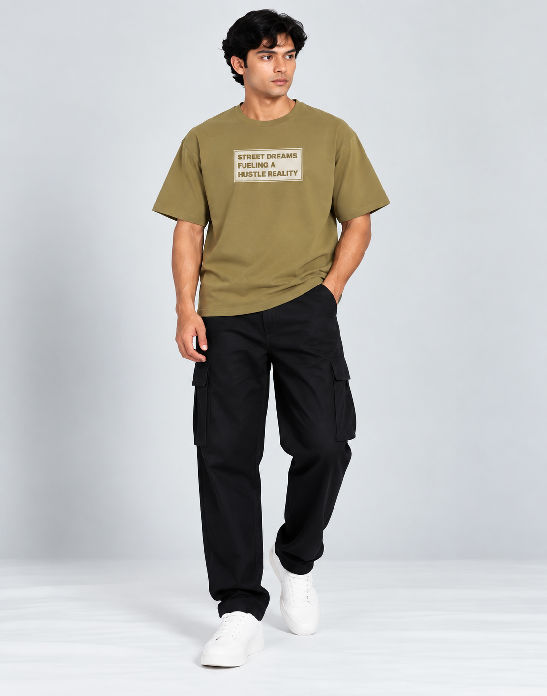 HUSTLE Men's Crew Neck Oversized T-Shirt – Khaki Olive