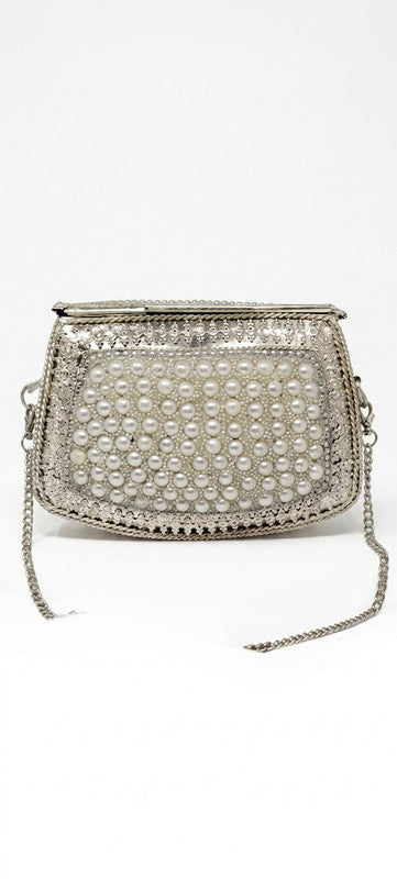 Buddy Cares Metal Bag for Women, Silver Pearl Embellished Clutch Purse with Chain Strap – U-Shape – view 3 – Buddy Cares