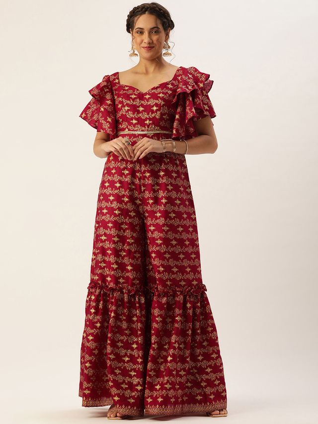 Bollywood Vogue Ready To Wear Maroon Art Silk Foil Print Jumpsuit