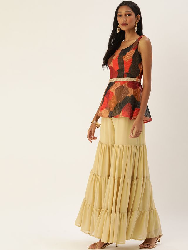 Bollywood Vogue Ready To Wear Multicolored Embroidered Peplum Top N Palazzo Set
