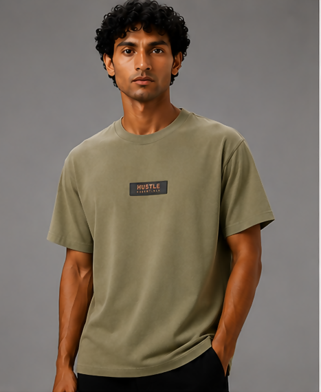 HUSTLE Men's Oversized Fit Crew Neck T-Shirt – Olive Khaki(Oversized fit)